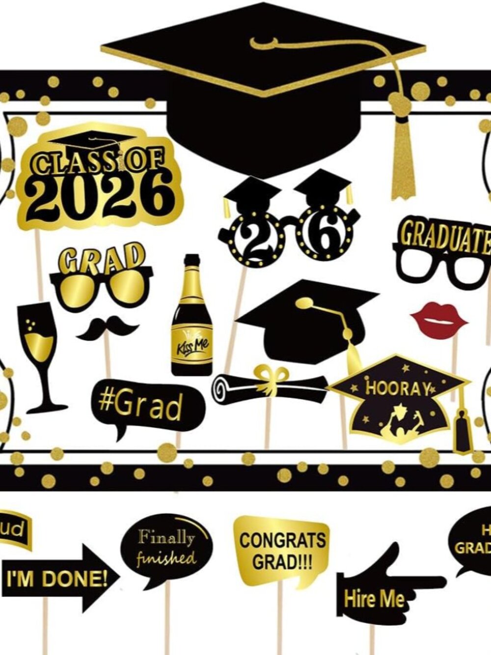 2026 Graduation Selfie Photo Booth Frame Black and Gold with 18Pcs Graduation Ph